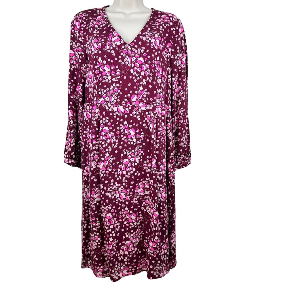 Boden Midi Dress Floral Long Sleeve Pockets V-Neck Burgundy Pink 6P Petite